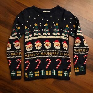H&M Kids Navy Blue Merry Christmas Santa‎ Candy Cane Tree Ugly Sweater Size 7